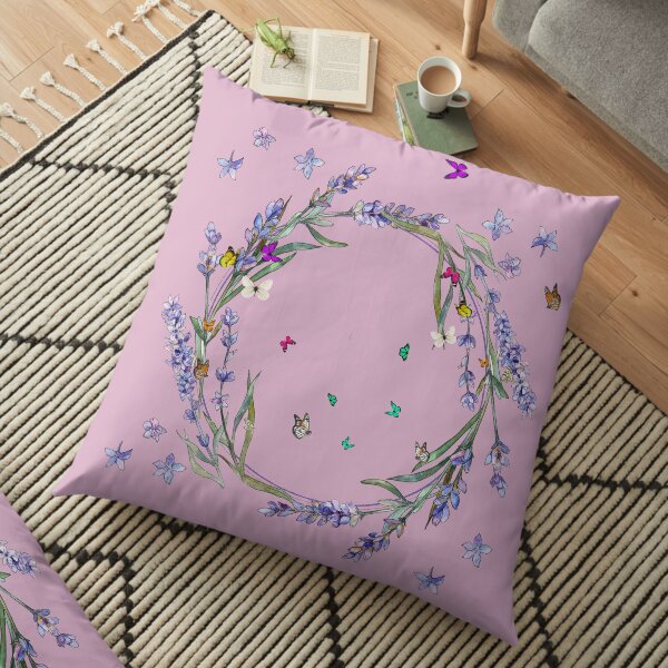 Watercolor Lavender And Butterflies on a pink lavender background Floor Pillow