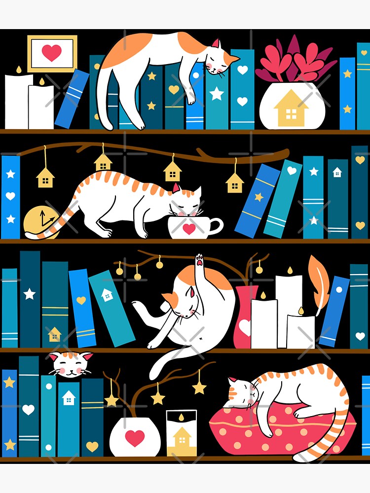Library cats - ocean blue and raspberry red by Elenanaylor