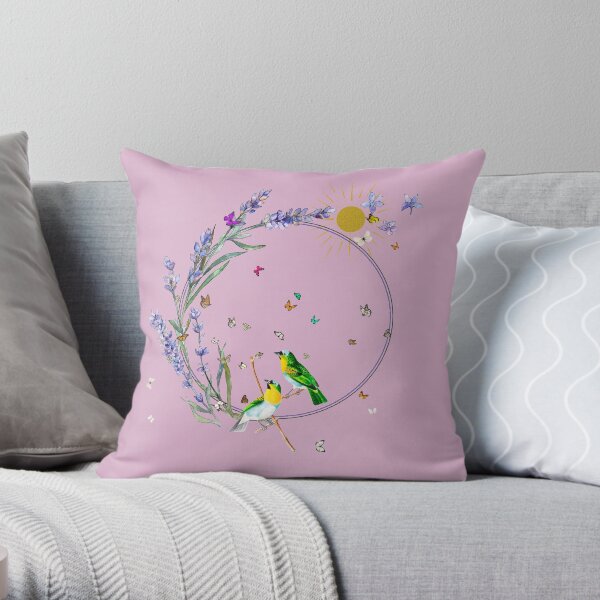 Lavender Butterflies and birds Throw Pillow