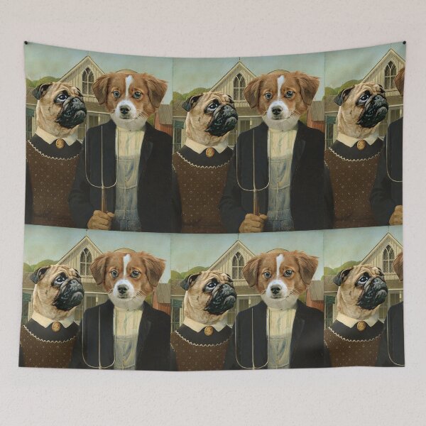 Item preview, American Gothic Pug Dog Funny Illustration Painting designed and sold by MOKA META.