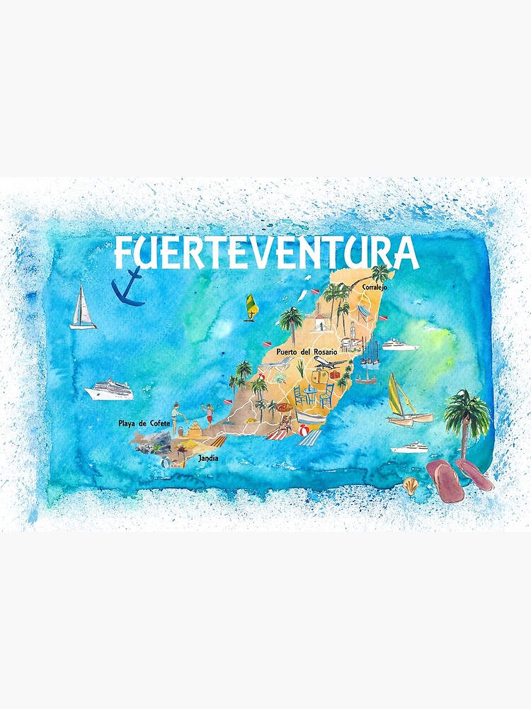 Disover Fuerteventura Canarias Spain Illustrated Map with Landmarks and Highlights Premium Matte Vertical Poster