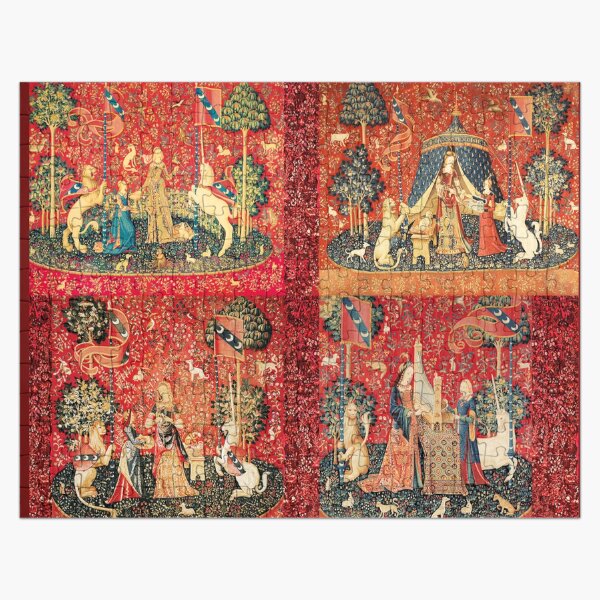 FOUR LADY AND UNICORN STORIES ,Fantasy Flowers,Animals, Red Green Floral Collection Jigsaw Puzzle