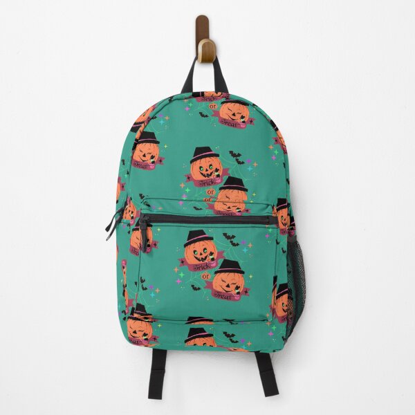 Item preview, "Trick or Treat" Halloween Holiday Vintage Retro Inspired Jack O'Lanterns Pumpkins Bats Neon Teal Stars designed and sold by CanisPicta.