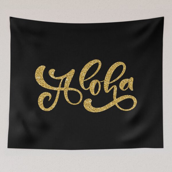 Item preview, Hawaiian symbol ~ Aloha hand lettering ~ Gold glitter on black designed and sold by oceanys.