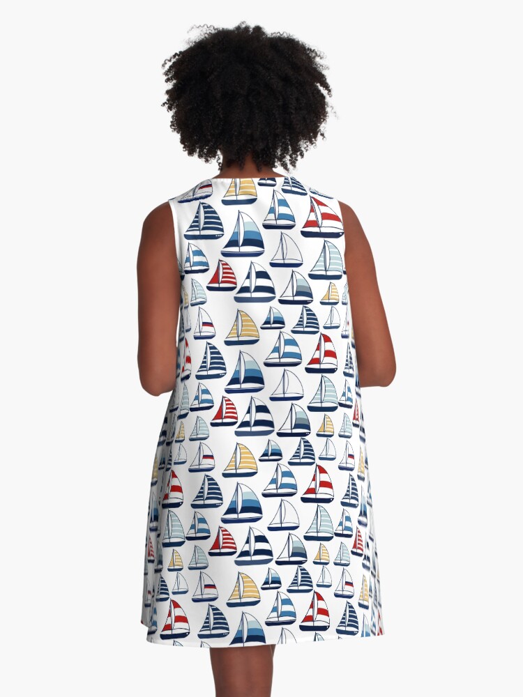 Thumbnail 3 von 4, A-Linien Kleid, Blaues, rotes, gelbes Segelbootmuster designt und verkauft von oeschi.