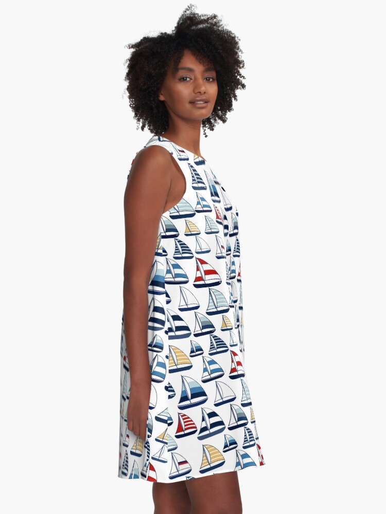 Thumbnail 2 von 4, A-Linien Kleid, Blaues, rotes, gelbes Segelbootmuster designt und verkauft von oeschi.