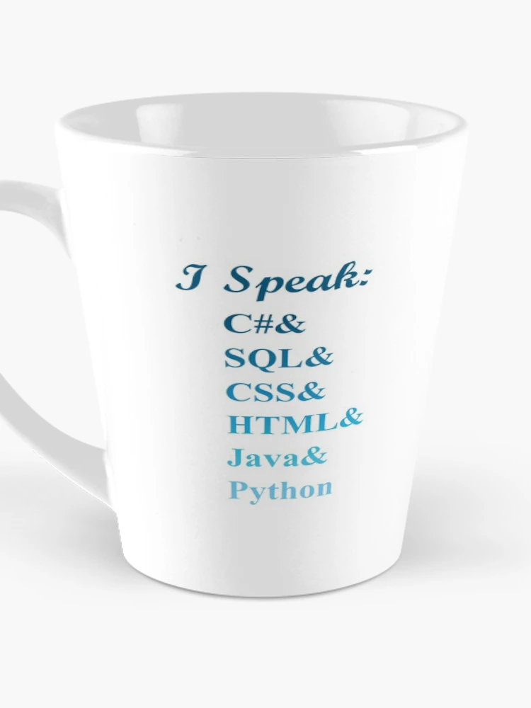 Aperçu 3 sur 4. Mug à café avec l'œuvre Je parle codage, langages de programmation, bleu, sharp, sql, css, html, java, python créée et vendue par catnamedtiffany.