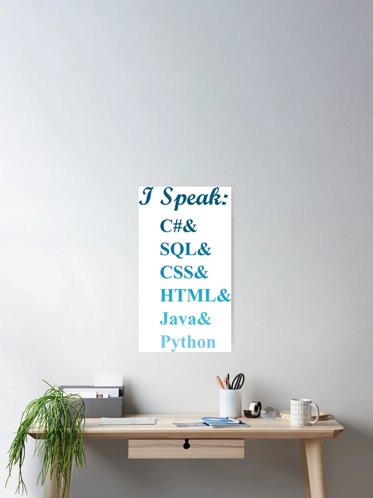 Aperçu 2 sur 3. Poster avec l'œuvre Je parle codage, langages de programmation, bleu, sharp, sql, css, html, java, python créée et vendue par catnamedtiffany.
