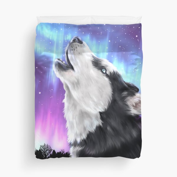 Northern Lights, Howling Husky | Siberian Husky Dog Artwork Duvet Cover