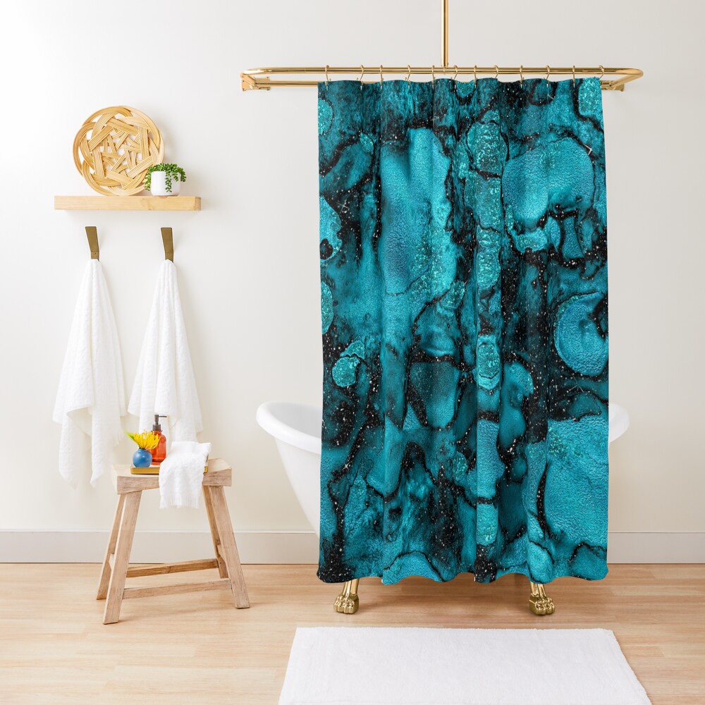 Indigo Malachite Marble and Black Glitter Shower Curtain