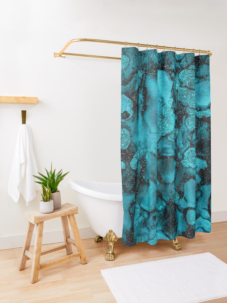 Alternate view of Indigo Malachite Marble and Black Glitter Shower Curtain