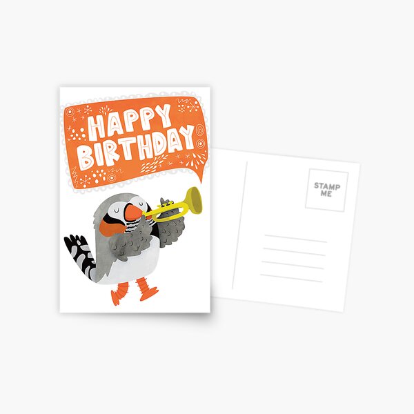 Item preview, Happy Birthday Zebra Finch Playing A Trumpet designed and sold by Claire Stamper.