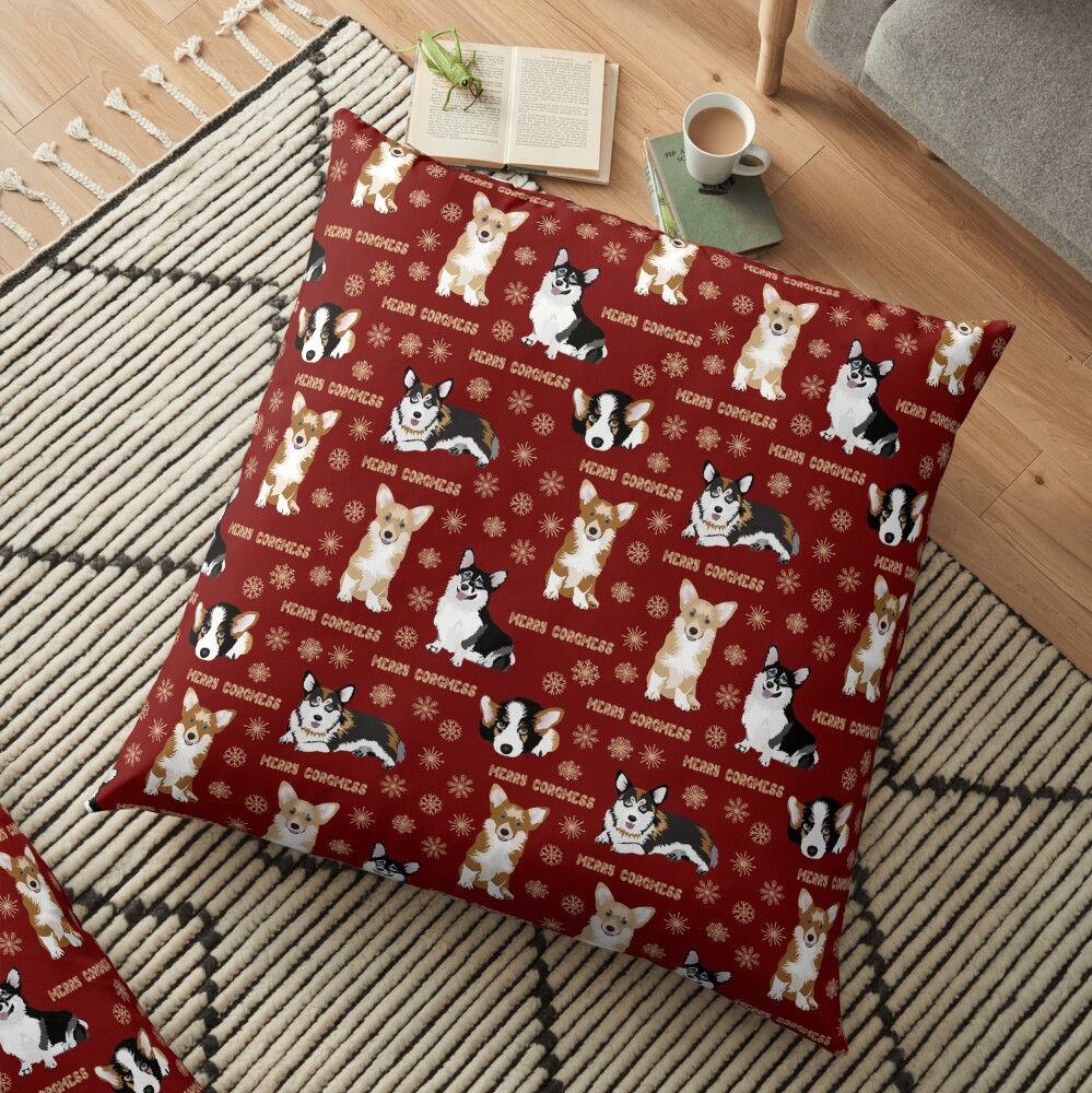Merry Corgmess - red Floor Pillow