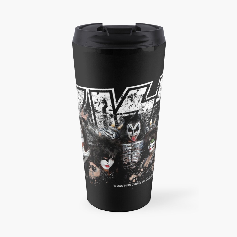 KISS rock music band - Black White Effect Logo and All Membersk music band Travel Mug