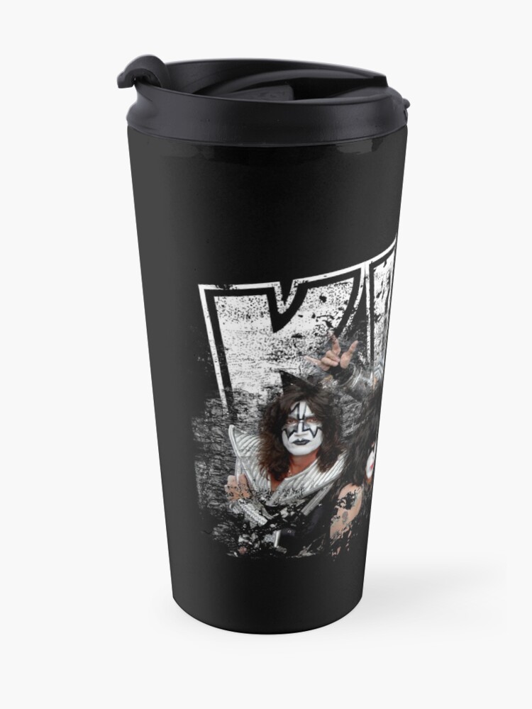 Alternate view of KISS rock music band - Black White Effect Logo and All Membersk music band Travel Mug