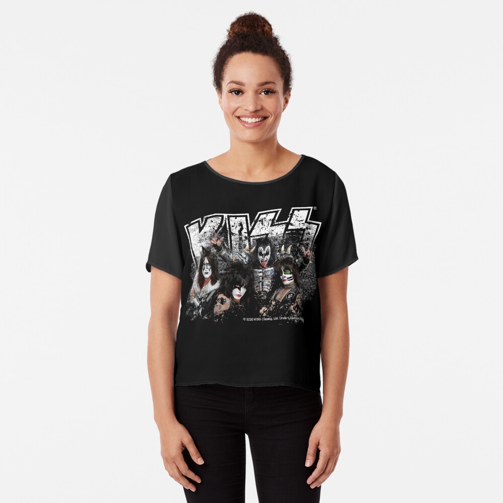 KISS rock music band - Black White Effect Logo and All Membersk music band Chiffon Top