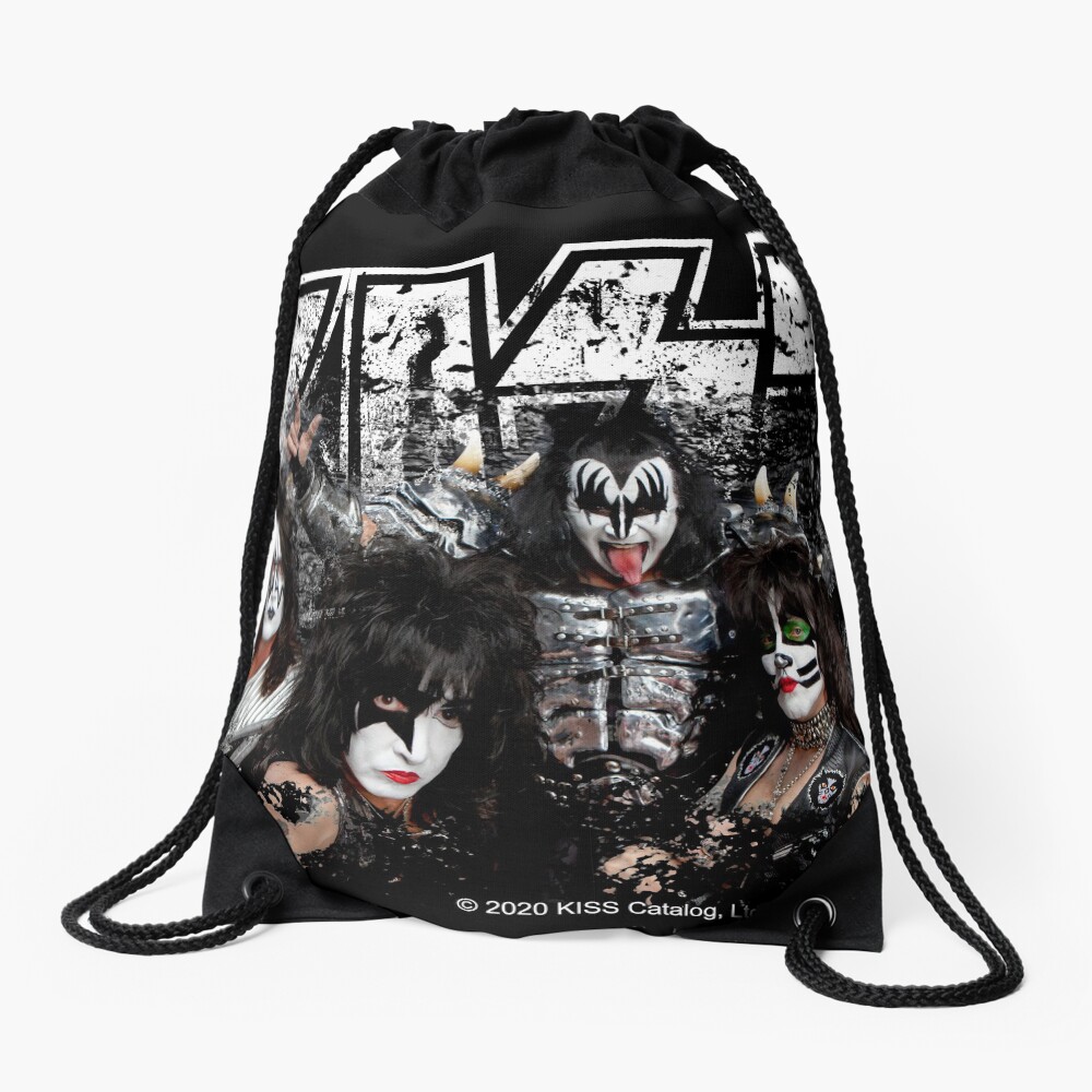 KISS rock music band - Black White Effect Logo and All Membersk music band Drawstring Bag