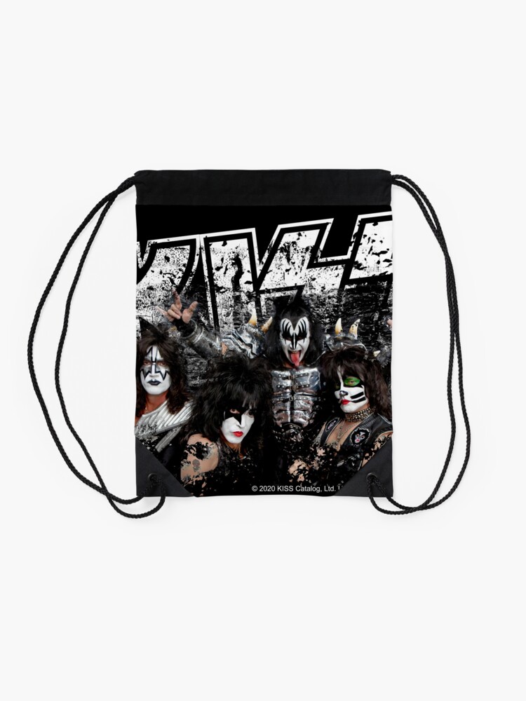 Alternate view of KISS rock music band - Black White Effect Logo and All Membersk music band Drawstring Bag
