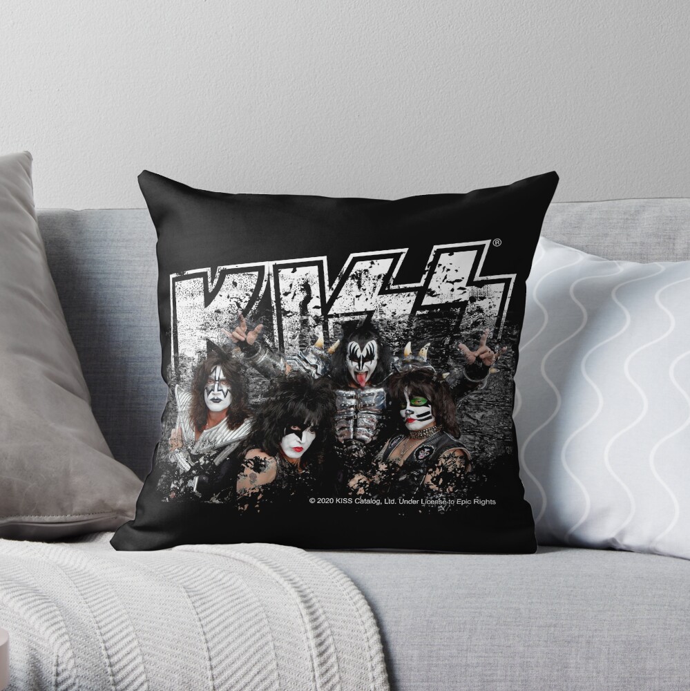 KISS rock music band - Black White Effect Logo and All Membersk music band Throw Pillow