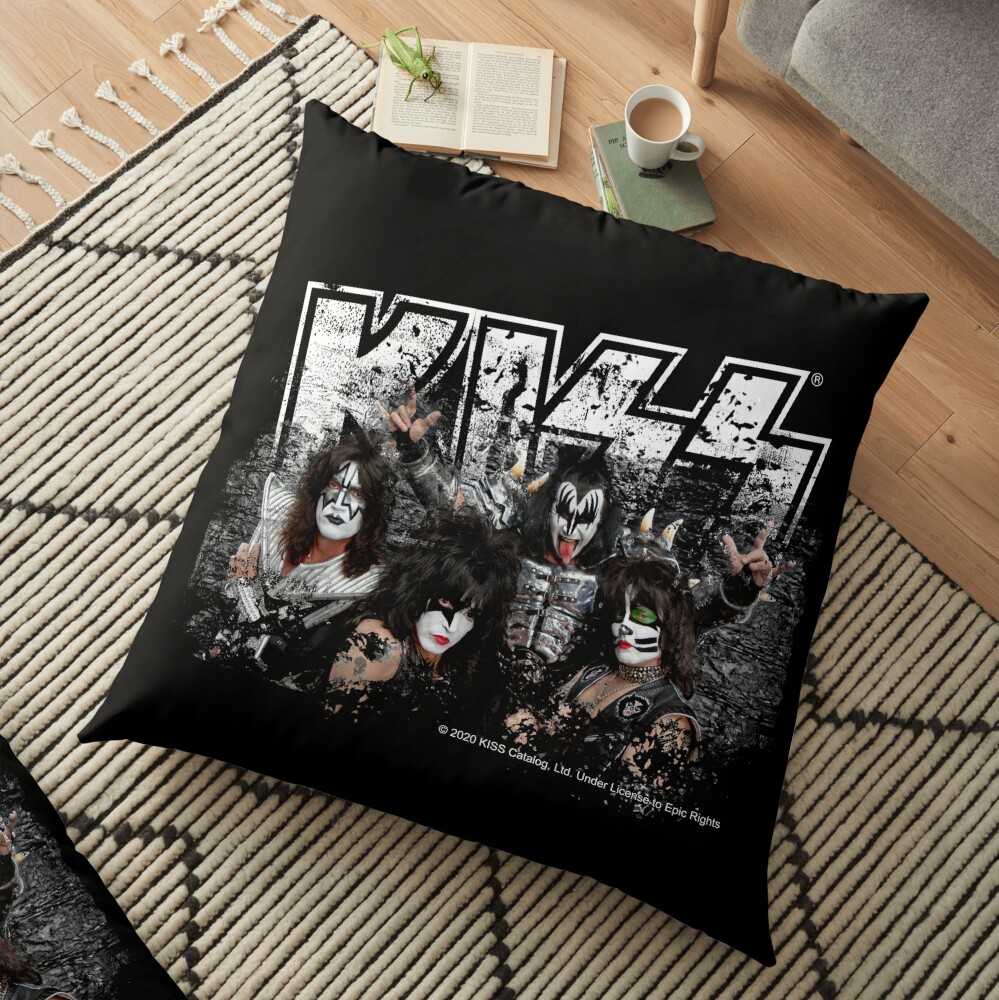 KISS rock music band - Black White Effect Logo and All Membersk music band Floor Pillow