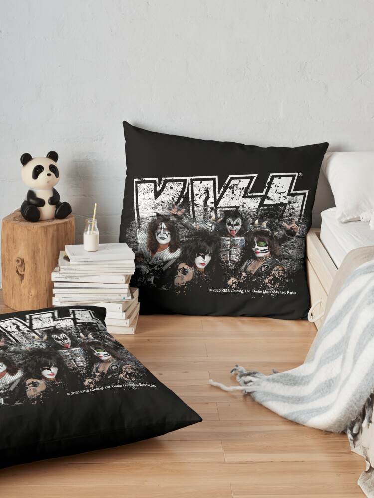 Alternate view of KISS rock music band - Black White Effect Logo and All Membersk music band Floor Pillow
