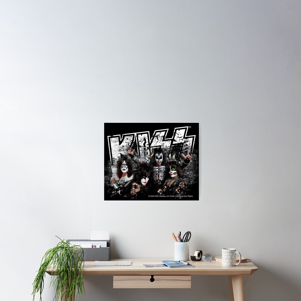 KISS rock music band - Black White Effect Logo and All Membersk music band Poster