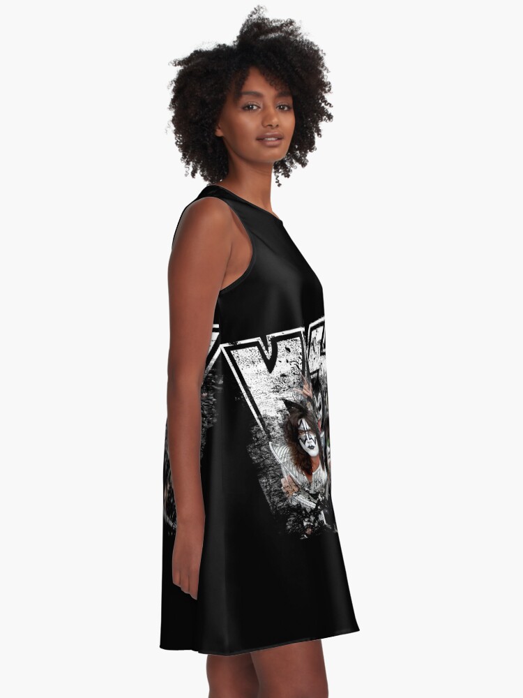 Alternate view of KISS rock music band - Black White Effect Logo and All Membersk music band A-Line Dress