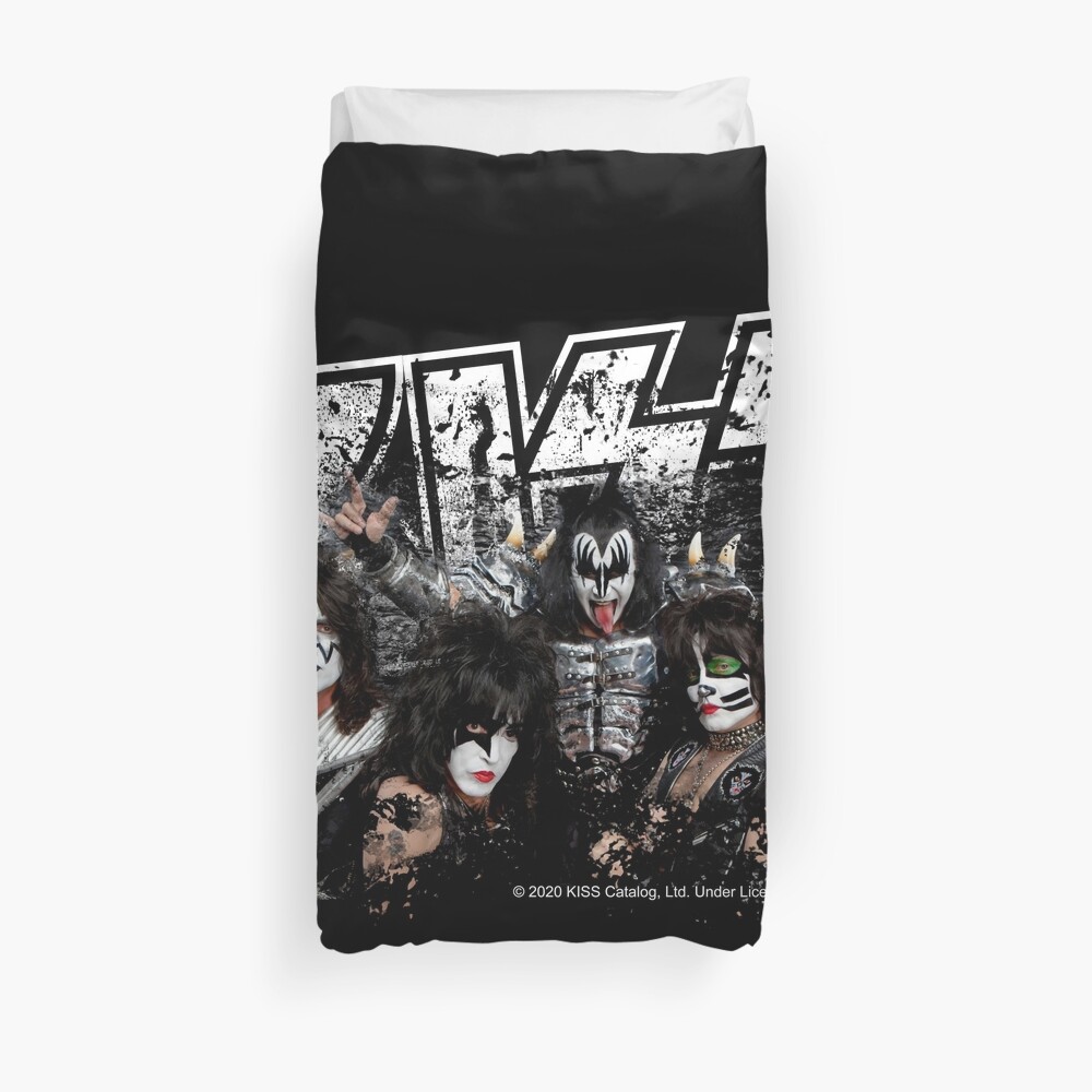 KISS rock music band - Black White Effect Logo and All Membersk music band Duvet Cover