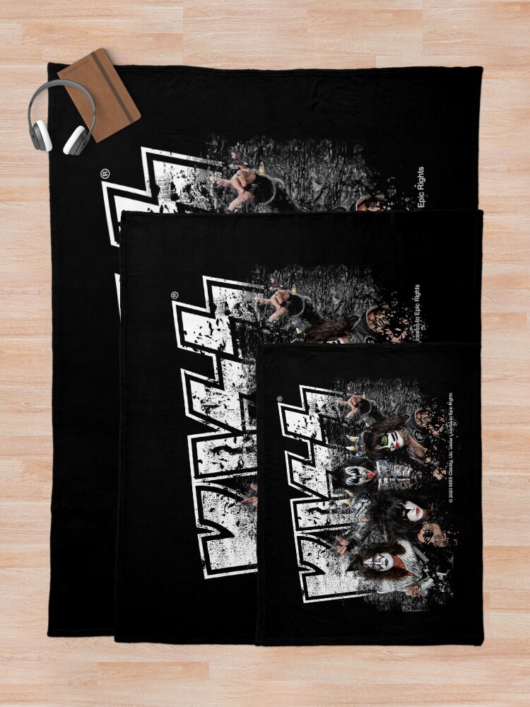 Alternate view of KISS rock music band - Black White Effect Logo and All Membersk music band Throw Blanket