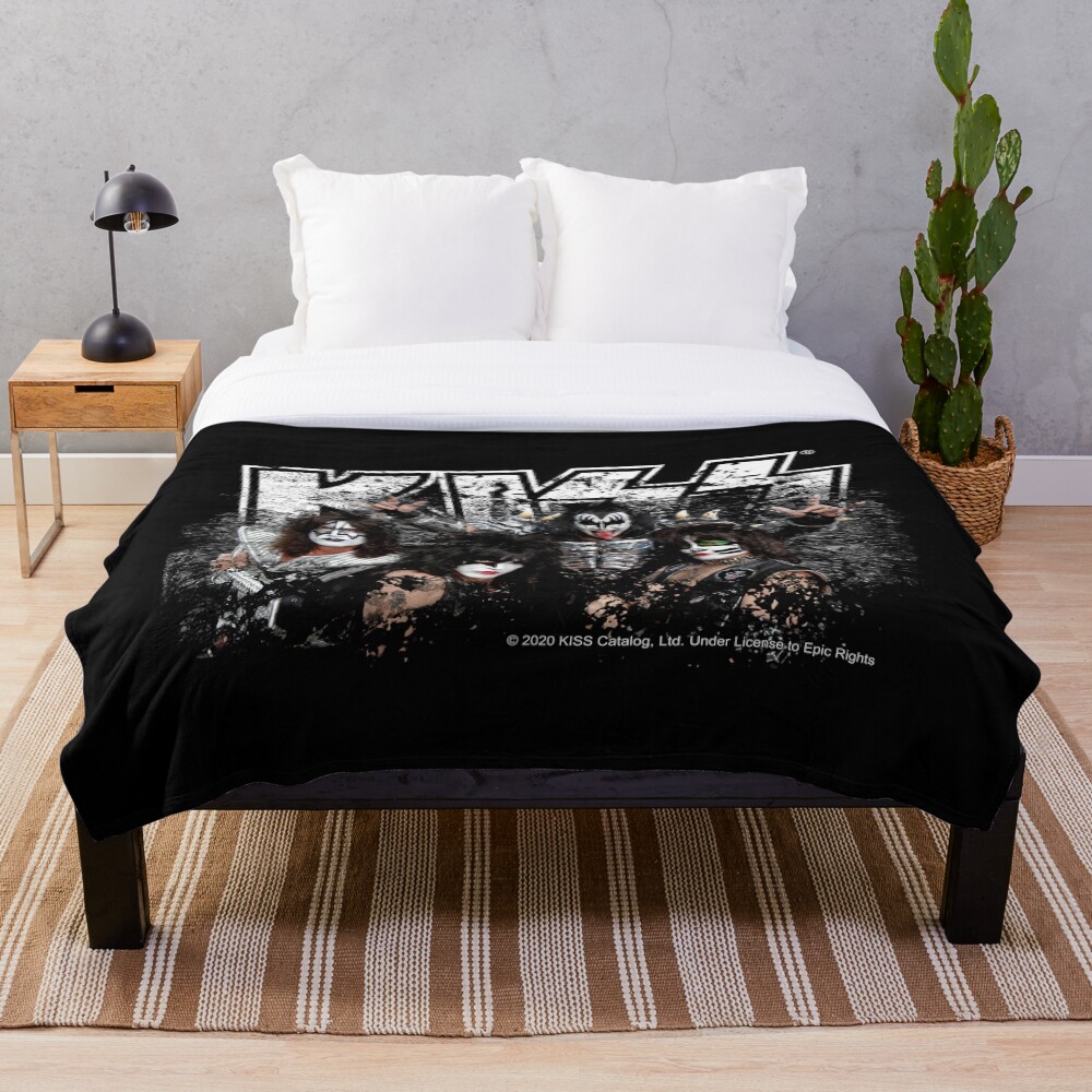 KISS rock music band - Black White Effect Logo and All Membersk music band Throw Blanket