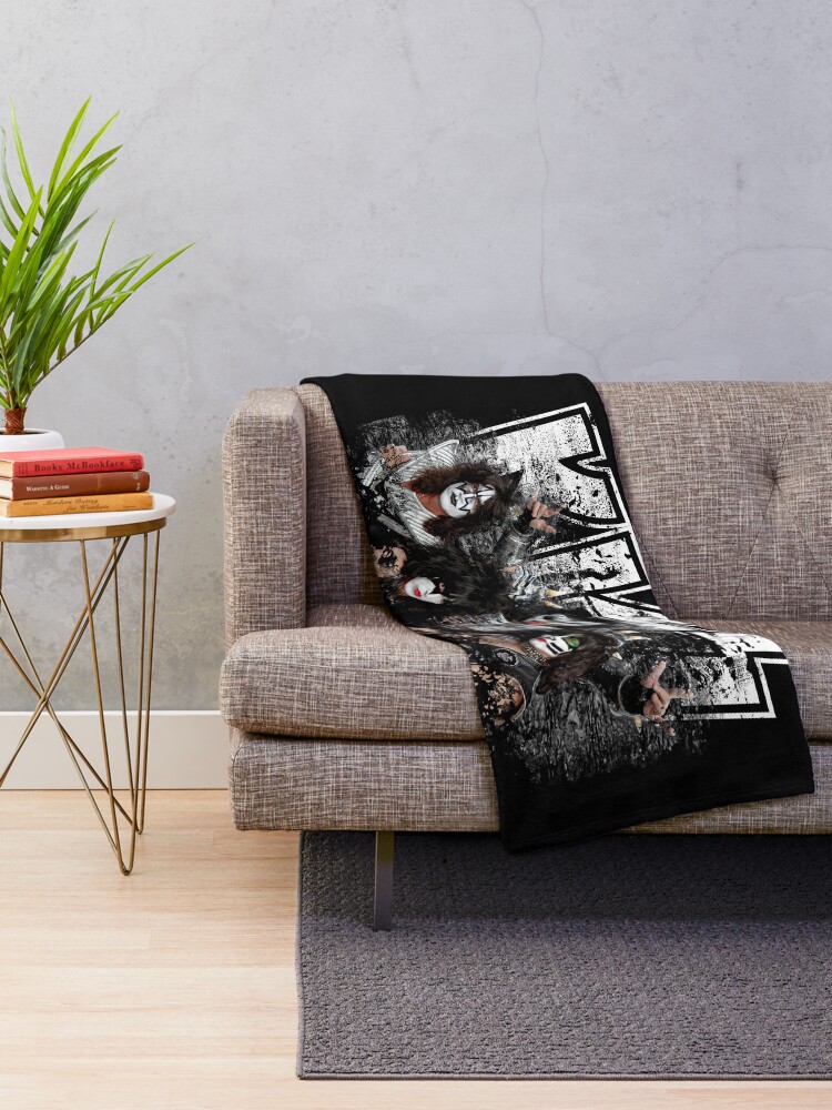 Alternate view of KISS rock music band - Black White Effect Logo and All Membersk music band Throw Blanket