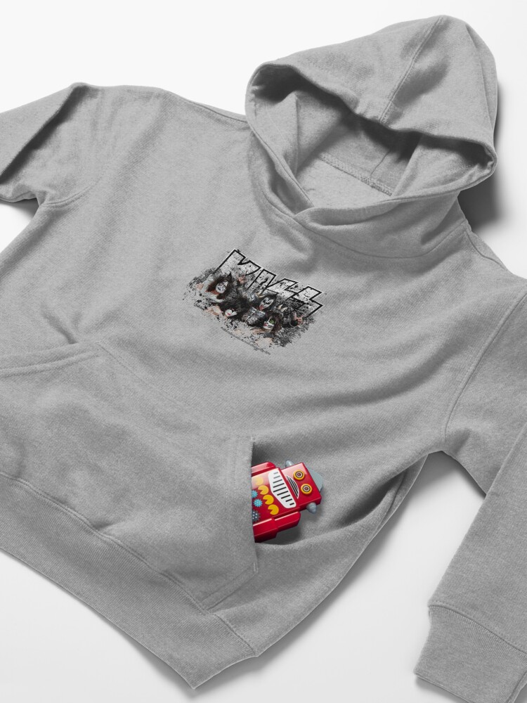 Alternate view of KISS rock music band - Black White Effect Logo and All Membersk music band Kids Pullover Hoodie