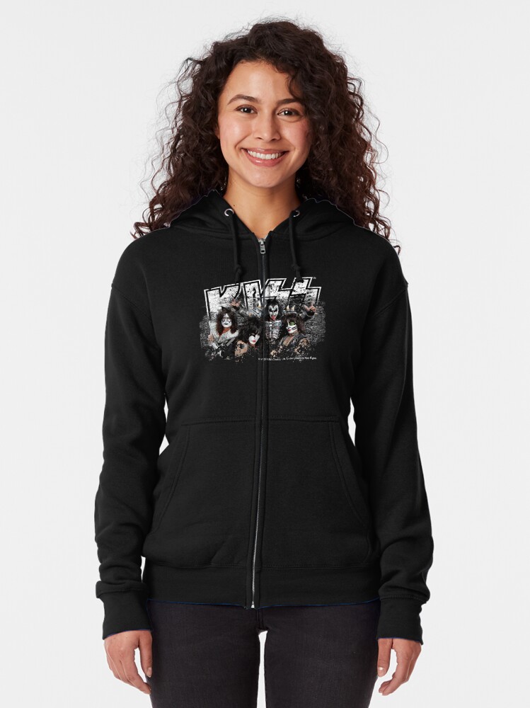 Alternate view of KISS rock music band - Black White Effect Logo and All Membersk music band Zipped Hoodie