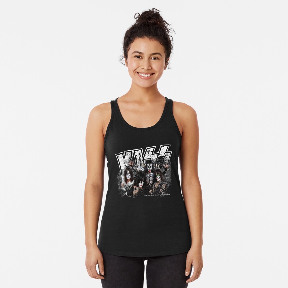 KISS rock music band - Black White Effect Logo and All Membersk music band Racerback Tank Top