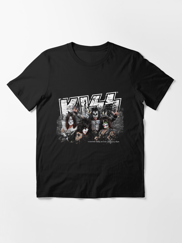 Alternate view of KISS rock music band - Black White Effect Logo and All Membersk music band Essential T-Shirt