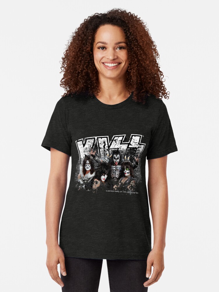 Alternate view of KISS rock music band - Black White Effect Logo and All Membersk music band Tri-blend T-Shirt