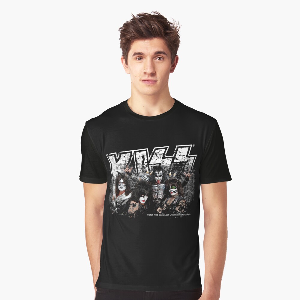 KISS rock music band - Black White Effect Logo and All Membersk music band Graphic T-Shirt