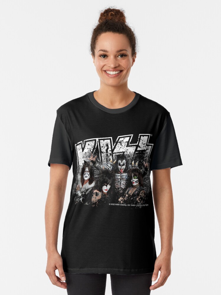 Alternate view of KISS rock music band - Black White Effect Logo and All Membersk music band Graphic T-Shirt