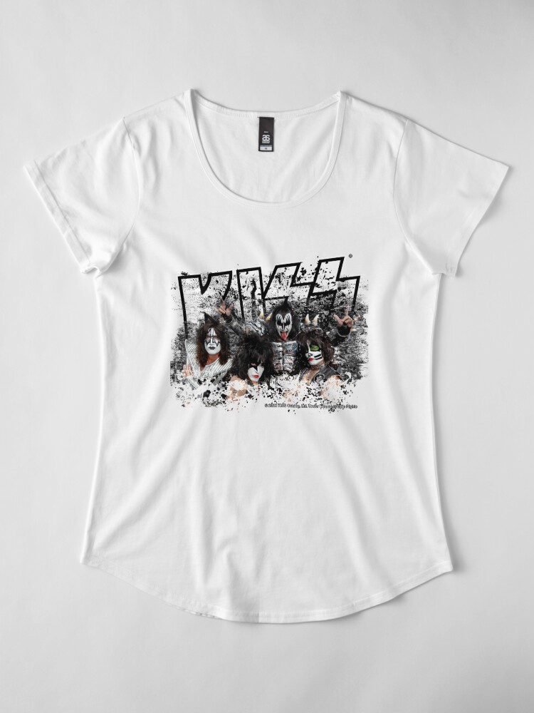 Alternate view of KISS rock music band - Black White Effect Logo and All Membersk music band Premium Scoop T-Shirt