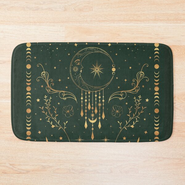 Sage green and gold Celestial crescent moon with floral accents and moon phase tie dye Bath Mat