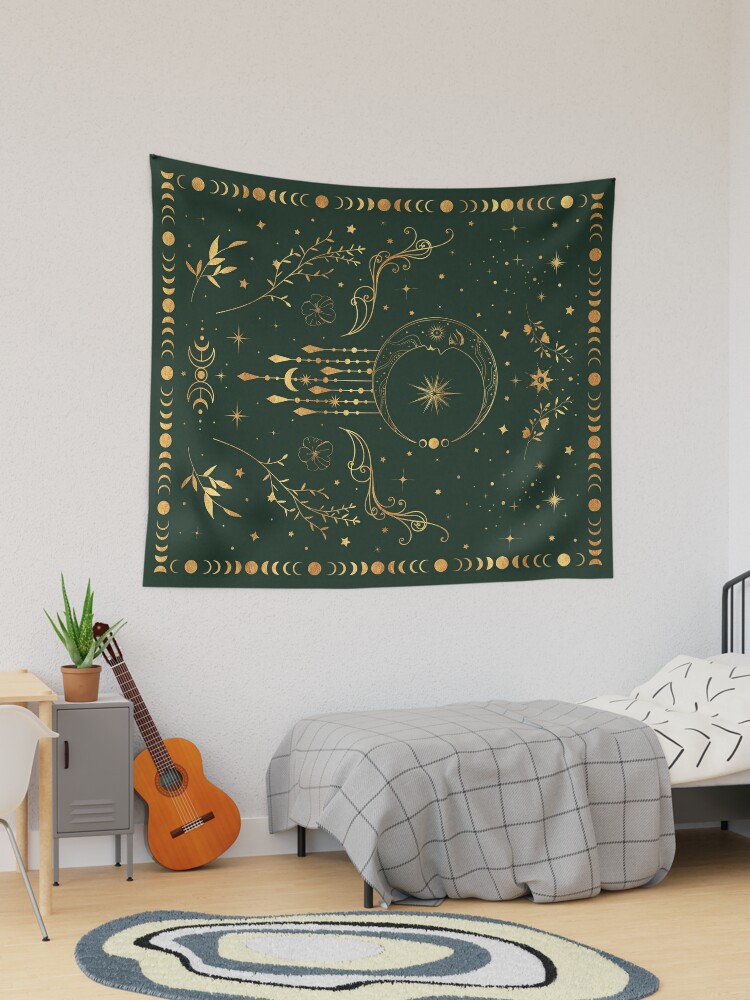 Sage green and gold Celestial crescent moon with floral accents