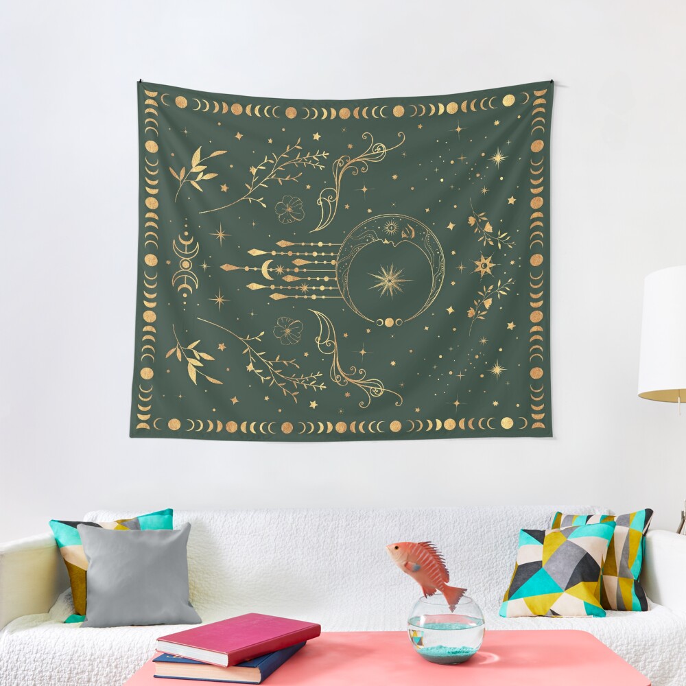 Sage green and gold Celestial crescent moon with floral accents and moon phase tie dye Tapestry