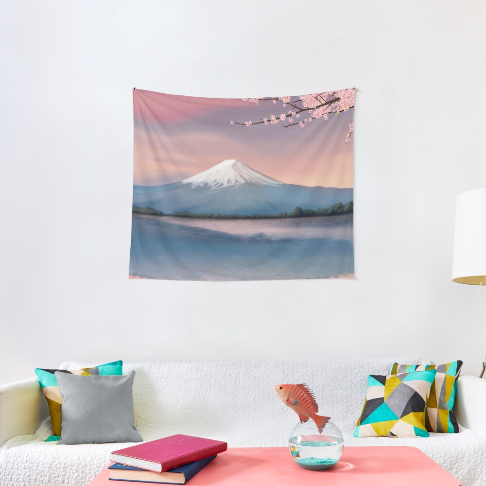 monte fuji con flores de cerezo Tela decorativa