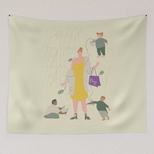 Item preview, F*ck Fast Fashion Illustration. Girl with clothes made by children designed and sold by TheMunProject.