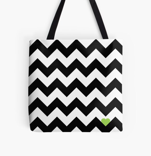 Heart & Chevron - Black/Classic Green All Over Print Tote Bag