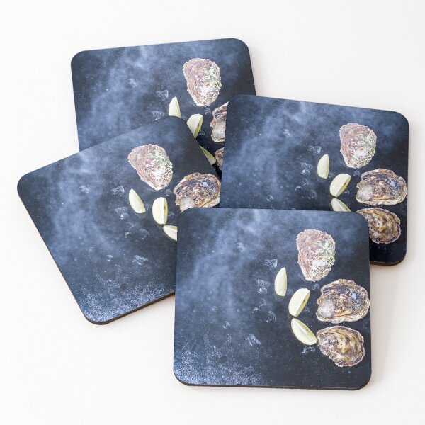Item preview,  oysters on a black background with ice and lemon wedges designed and sold by alinalenz.