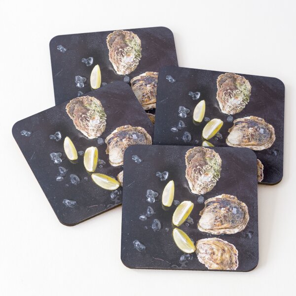 Item preview,  oysters on a black background with ice and lemon wedges designed and sold by alinalenz.