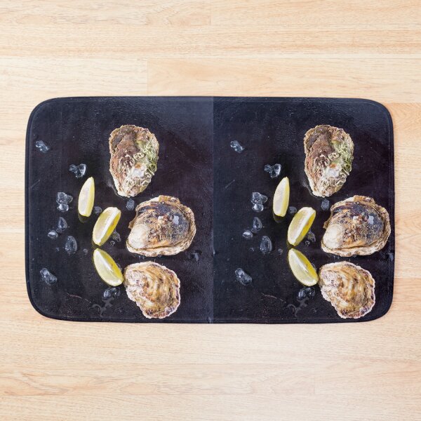 Item preview,  oysters on a black background with ice and lemon wedges designed and sold by alinalenz.