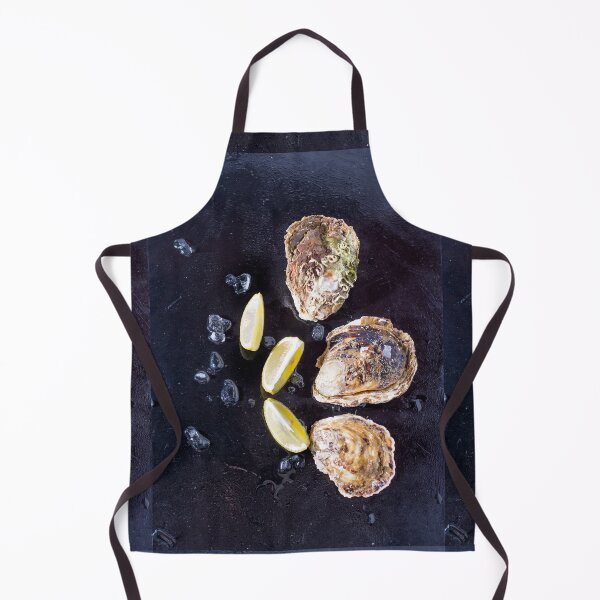 Item preview, oysters on a black background with ice and lemon wedges designed and sold by alinalenz.