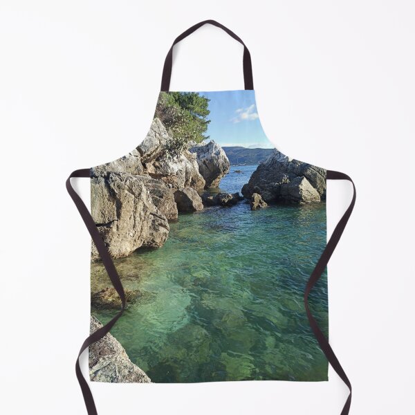 Item preview, huge stones cliff in the sea with cypresses and azure water blue sky nature of montenegro designed and sold by alinalenz.